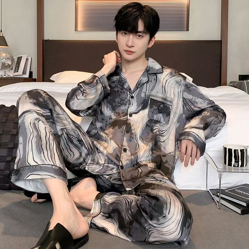 Ice silk long sleeved pajamas for men